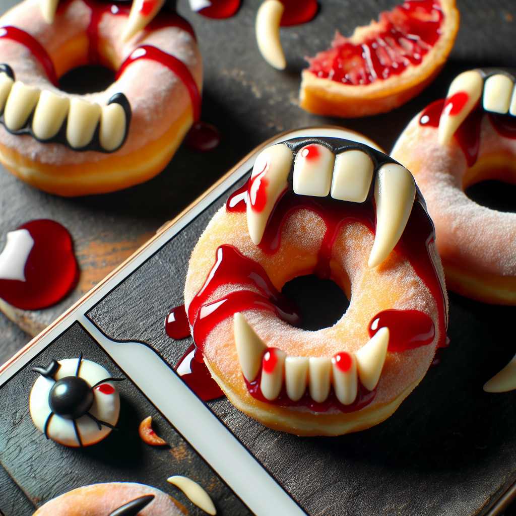 Blutverschmierte Vampir-Donuts mit Gebiss-Deko