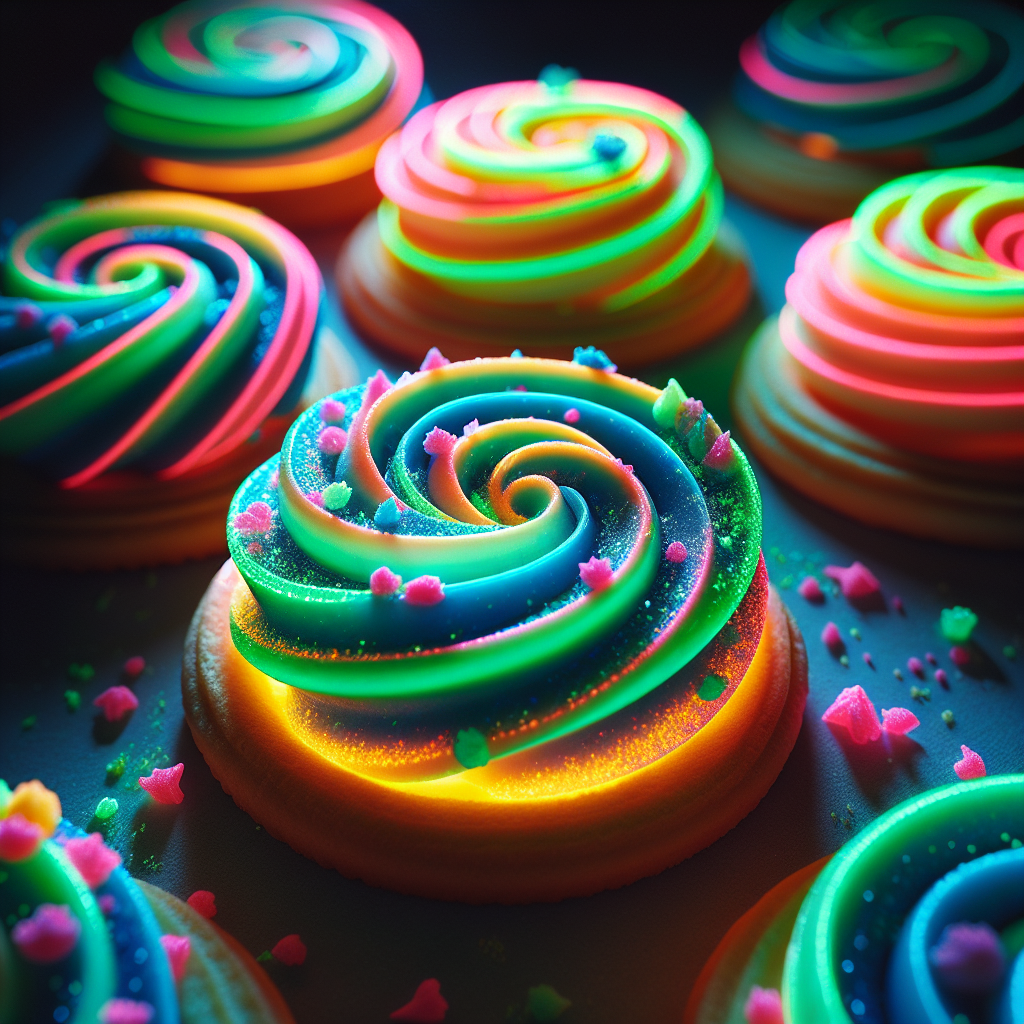 Glühende Spiral-Kekse mit neonfarbenem Zuckerguss