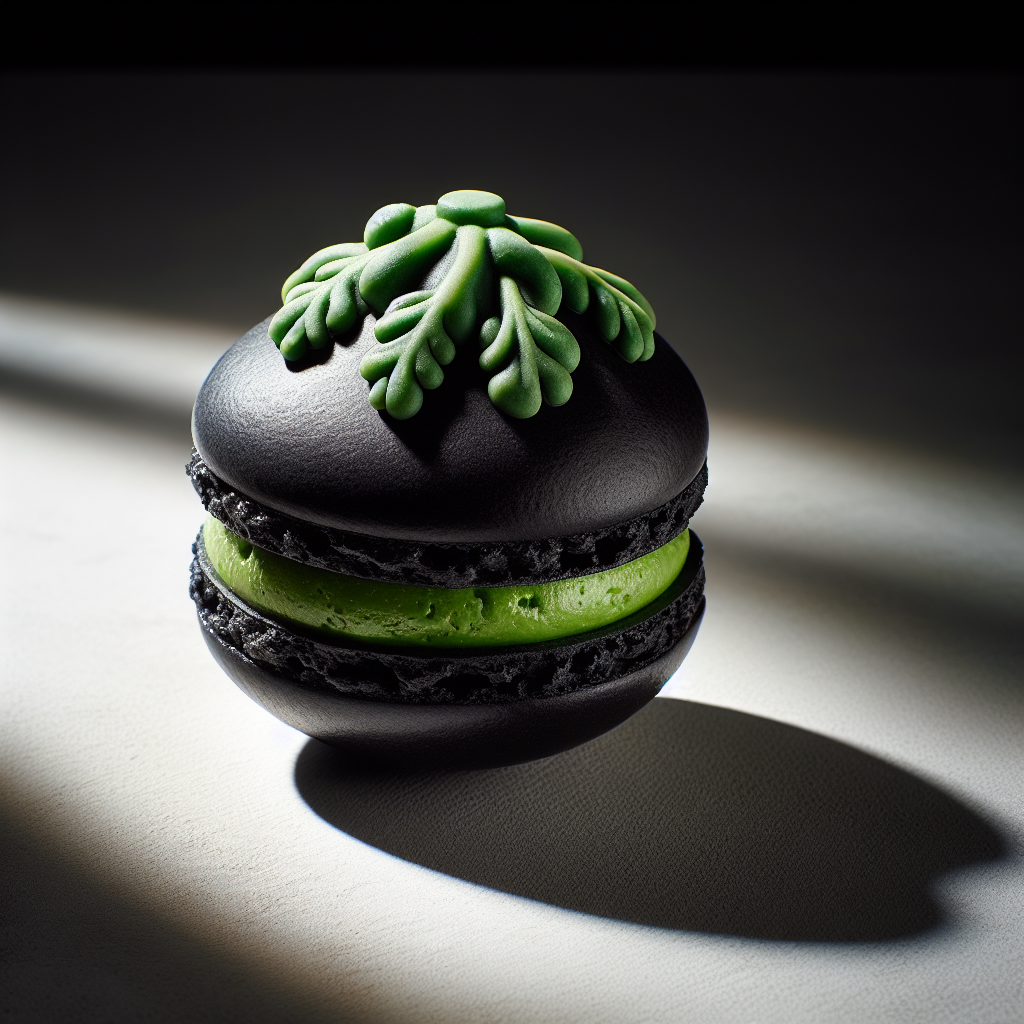 Kohlrabenschwarzer Macaron mit grüner Cremefüllung