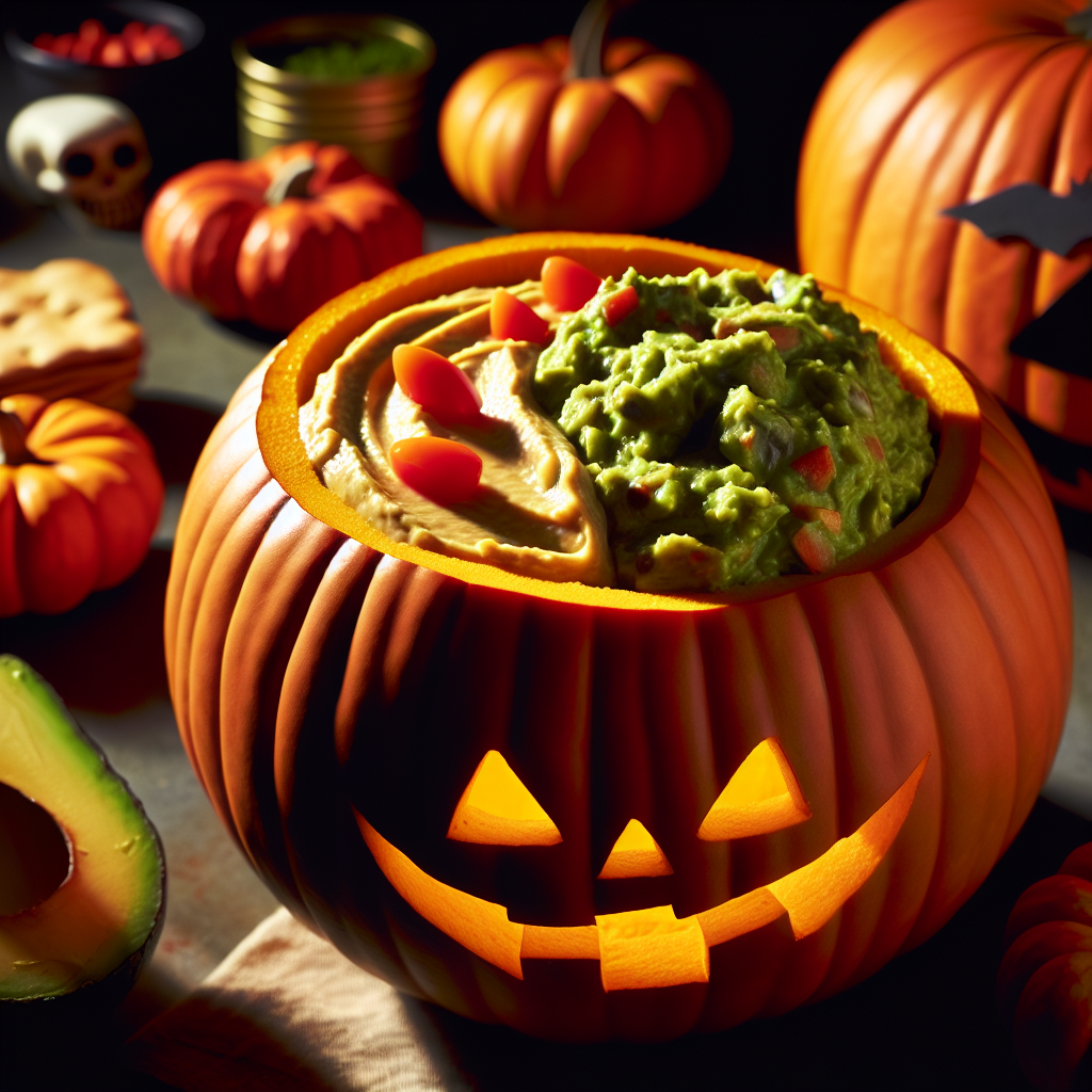 Schaurige Kürbis-Schüssel mit Hummus und Guacamole