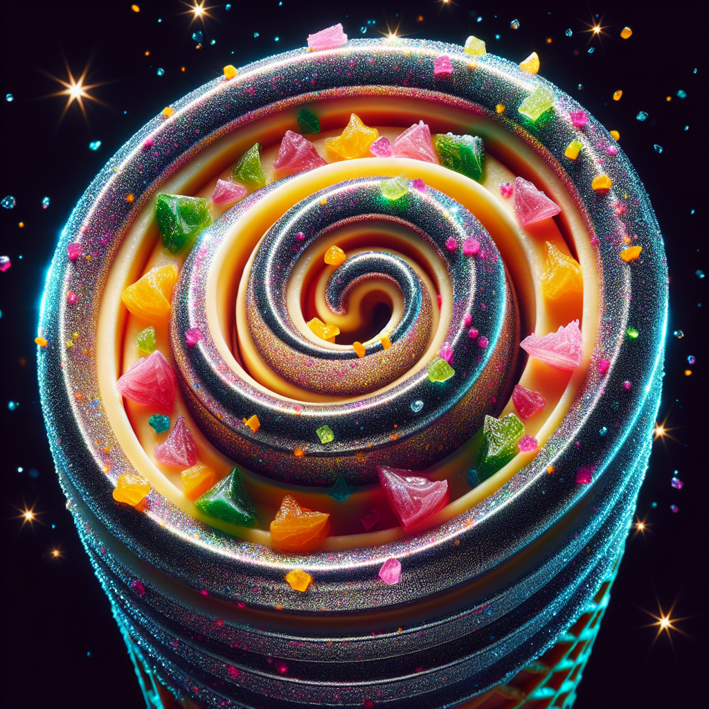 Schimmernde Spiral-Eiscreme mit Neon-Fruchtsplittern