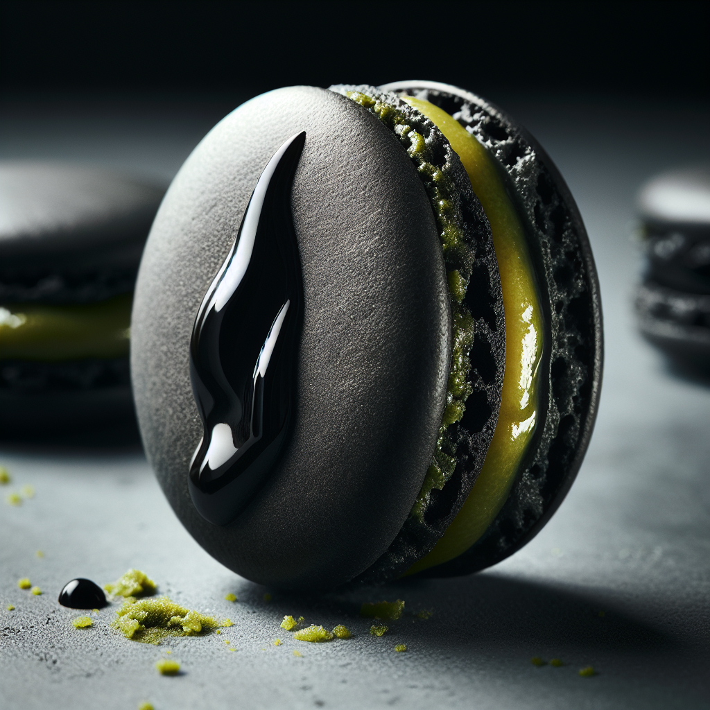 Schwarzer Matcha-Macaron mit schleimiger Füllung