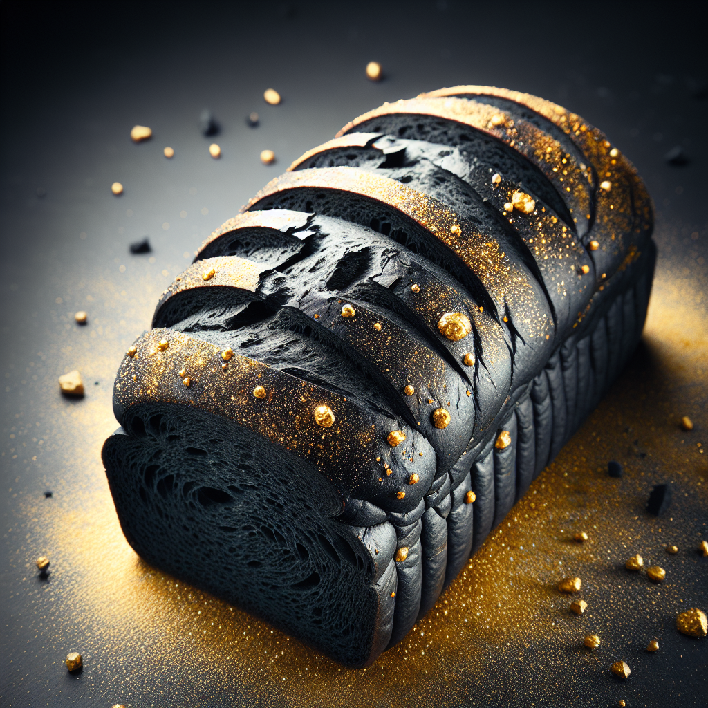 Schwarzes Aktivkohle-Brot mit glitzernder Goldkruste